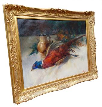 Stilleven met bloemen, fazant en kruik