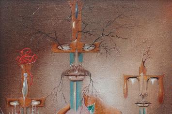 Schilderij uit 1981, surrealistisch kunstwerk op canvas