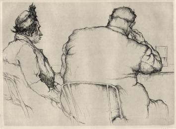 Belgische tekenaar en etser Jules De Bruycker met een ets