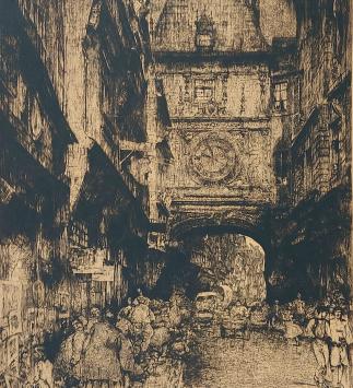 Jules De Bruycker met een ets, Rue de la Grosse Horloge