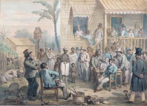 Litho met als titel Un Marché D\'Esclaves a Surinam