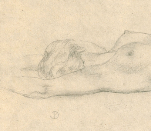 Studieschets, Languit gracieus liggende naakte dame