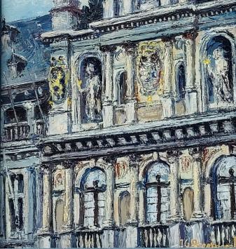 de kunstschilder Jean-Guy Beernaert met een schilderij