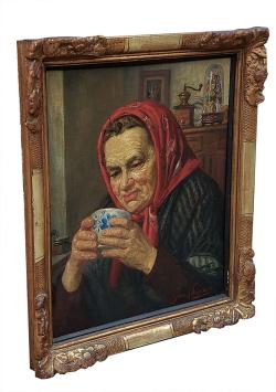 Karakterkop, Dame met rode doek en een kom koffie
