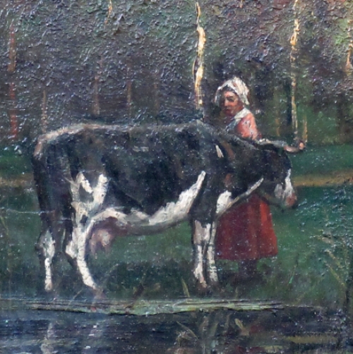 Kunstschilder Jean Laenen met een olieverfschilderij