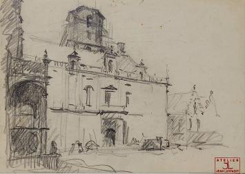 Jean Luypaert met een schets, Belfort te Veurne