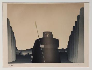 Belgische etser Jean-Michel Folon met een ets, aquatint