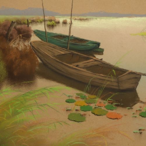 Pastel Sloepen aan een meer