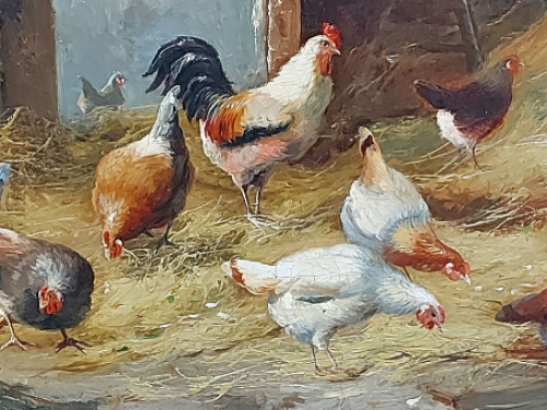 Schilderij van Jef Louis Van Leemputten met kippen en haan