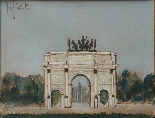 Jef Wauters met een klein schilderijtje op canvas