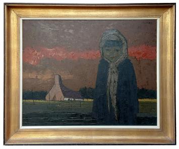 Schilderij “Het meisje bij de boerderij” van Jef Wauters met meisje, boerderij en rode avondlucht.