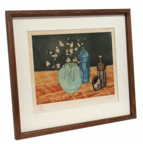 Stilleven met blauwe vaas en mimosa