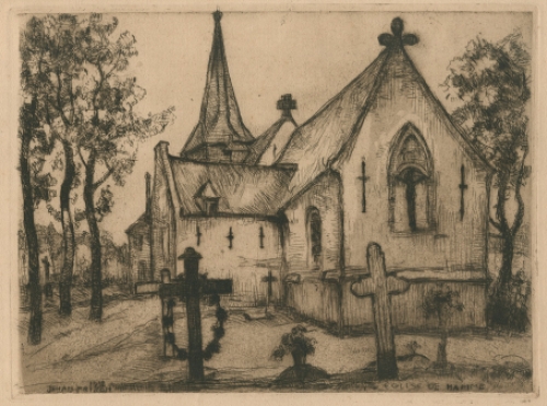 Jehan Frison met een ets, kerk te Hamme