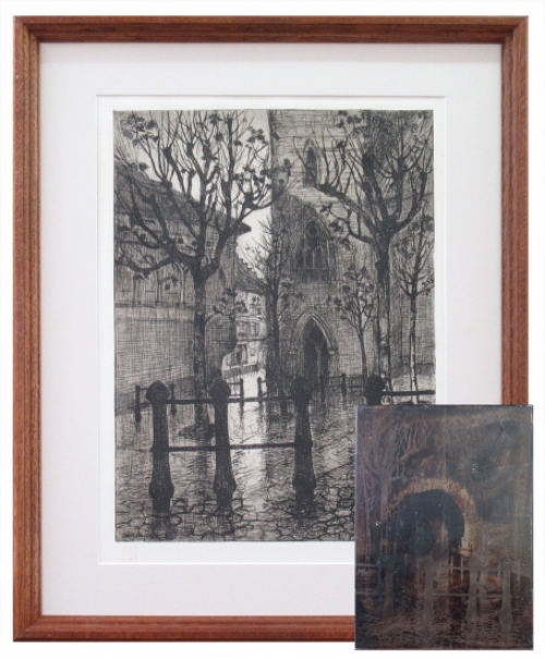 Jehan Frison ets Stadsgezicht met kerk