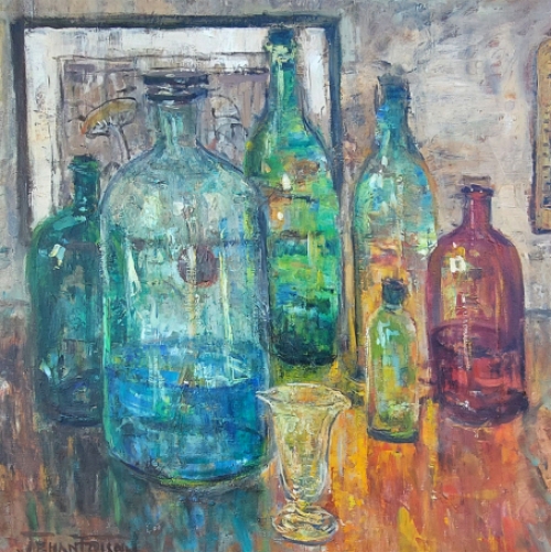 Jehan Frison met een schilderij uit 1945