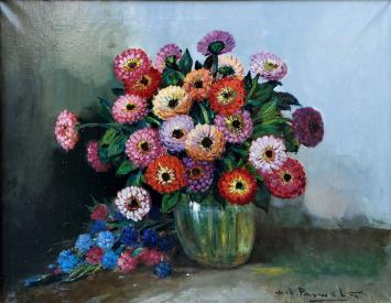 Olieverfschilderij van H J Pauwels van een Impressionistisch bloemenstilleven