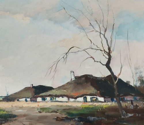 Olieverfschilderij van H J Pauwels van een Impressionistisch gezicht op een hoeve