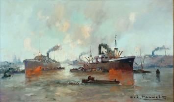 Olieverfschilderij van H J Pauwels van een Impressionistisch havenzicht