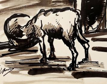 Jos Mous met een tekening van een paard