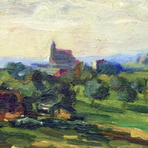 De Belgische kunstenaar Joan Marti met een landschap schilderij