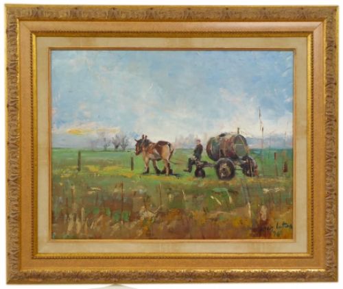 Paard met mestkar in de weide 1994