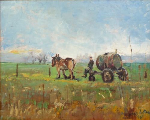 Paard met mestkar in de weide 1994