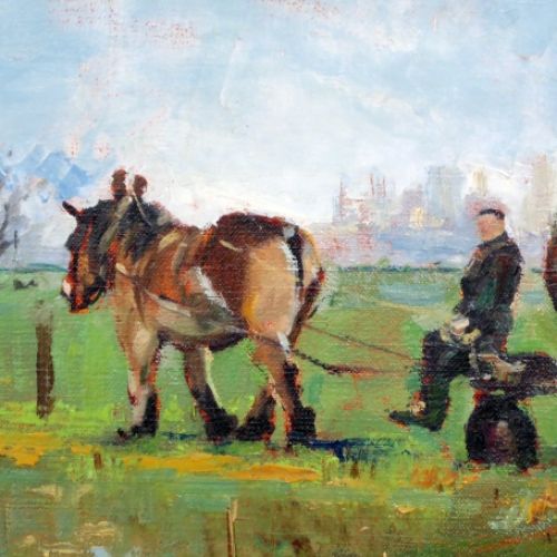 Paard met mestkar in de weide 1994