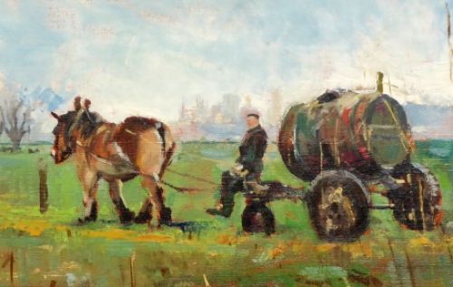 Paard met mestkar in de weide 1994