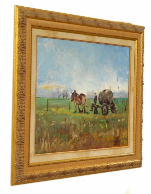 Paard met mestkar in de weide 1994