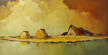 Kunstschilder Leo Jordaens met een olieverfschilderij