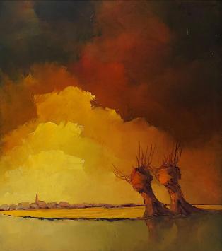 Leo Jordaens met een schilderij met twee knotwilgen