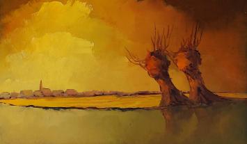 Kunstschilder Leo Jordaens met een olieverfschilderij