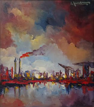 Leo Jordaens met een havengezicht met kranen