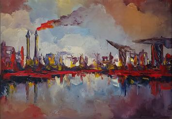 Kunstschilder Leo Jordaens met een kunstwerk op paneel