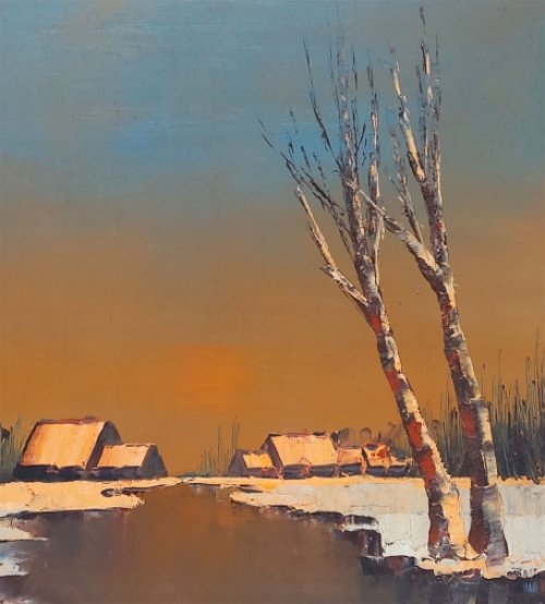 Kunstschilder Leo Jordaens met een schilderij op paneel