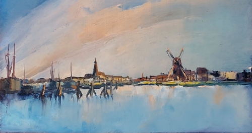 Leo Jordaens met een Dorpje met windmolen aan het water