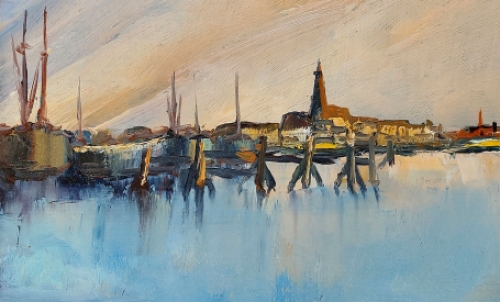 Kunstschilder Leo Jordaens met een schilderij op paneel