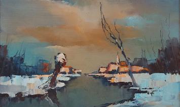 Kunstschilder Leo Jordaens met een schilderij op paneel