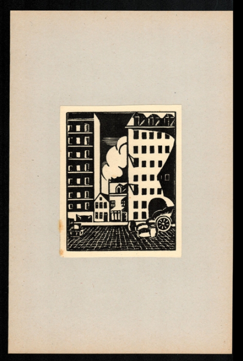 Belgische graficus Joris Minne met een houtsnede uit 1930