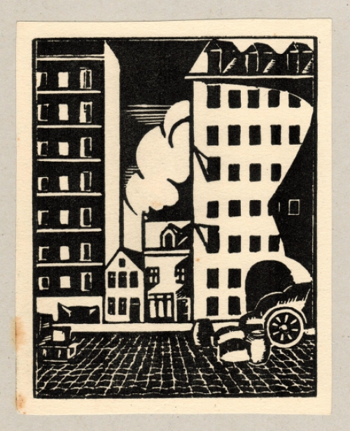 Magazijnen en stapelhuizen, houtsnede van Joris Minne