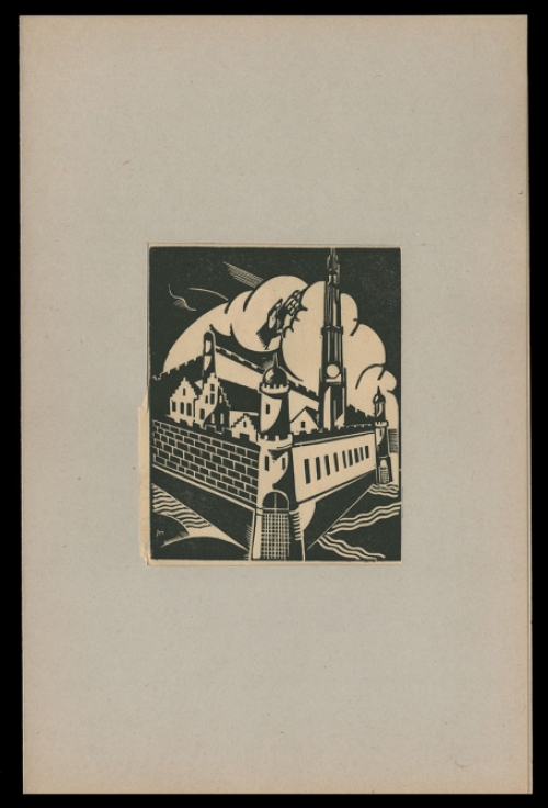 Belgische graficus Joris Minne met een houtsnede uit 1930