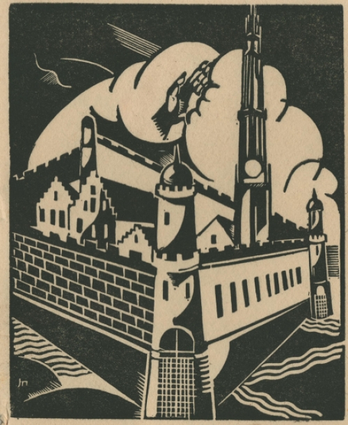 Houtsnede van Joris Minne, wapen van Antwerpen