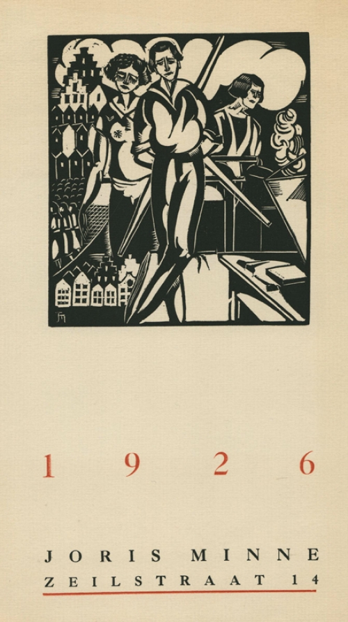 Belgische graficus Joris Minne met een houtsnede uit 1926