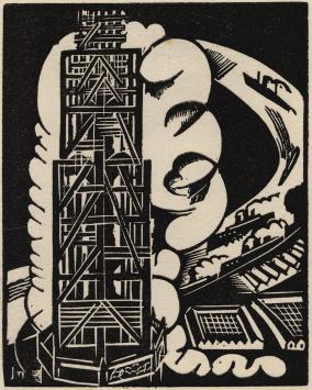 Belgische graficus Joris Minne met een houtsnede uit 1930