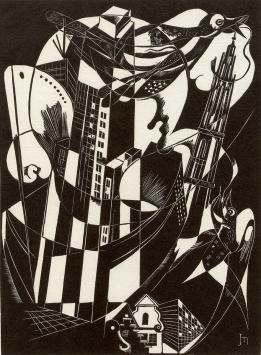 Woodcut uit 1976 van de Belgische kunstenaar J. Minne