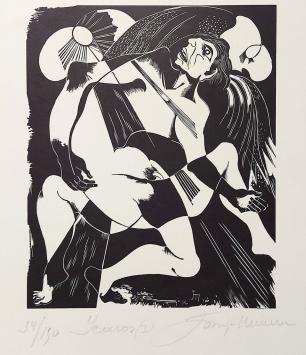 Belgische etser Joris Minne met een houtsnede