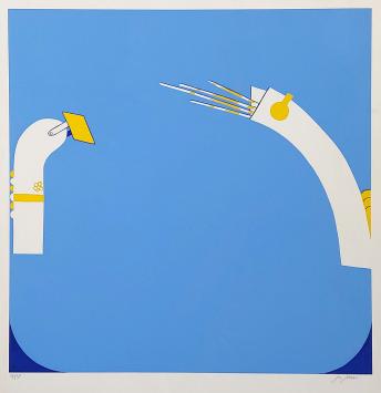 de Belgische kunstenaar Jos Jans met een abstract grafisch werkje