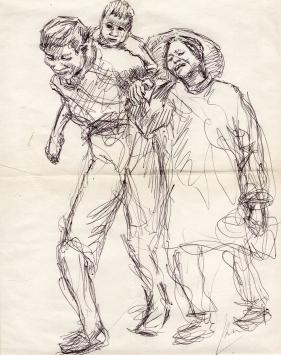 Man, vrouw en kind getekend door de Antwerpse kunstenaar Jos Mous