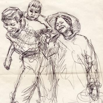 Jos Mous met een tekening in balpen