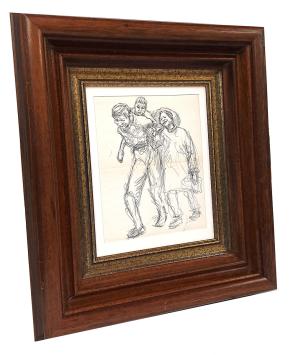 Balpentekening, man, vrouw en kind op de vlucht